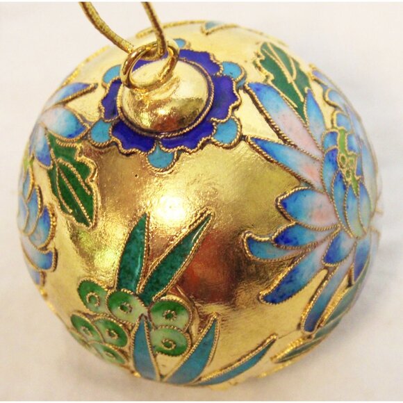 Gold Enameled Cloisonne Ball Ornament Water Lily Berries 2.5" Christmas Decor - Picture 6 of 8